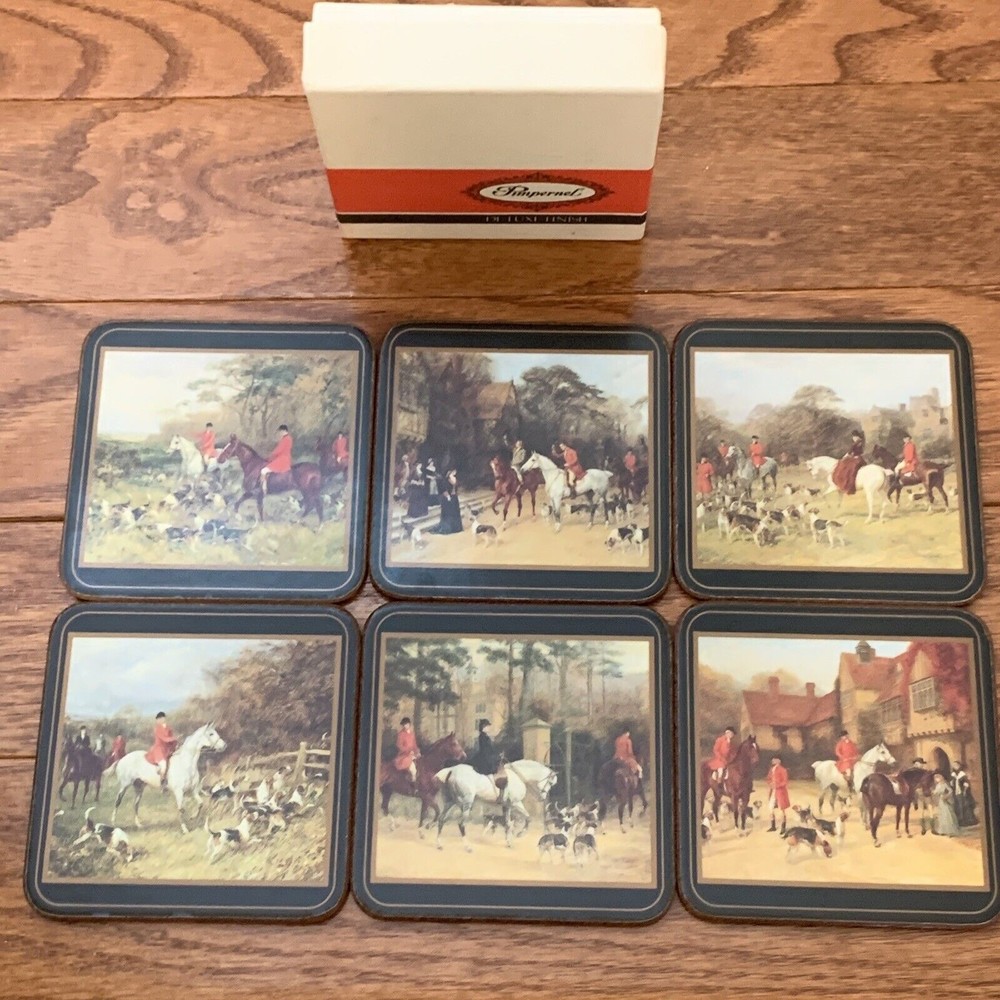 Vintage Set of 6 De Luxe Finish Pimpernel coasters horses Hunting england